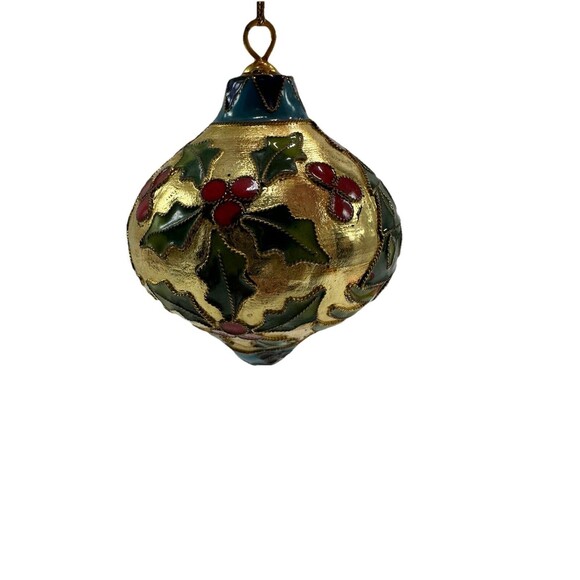 Vintage Gold Cloisonne Enamel Holly Berry Branch Design Christmas Tree Ornament - Picture 10 of 11